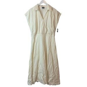 INC Large Dress Washed White Linen Blend Maxi Short Sleeve NEW